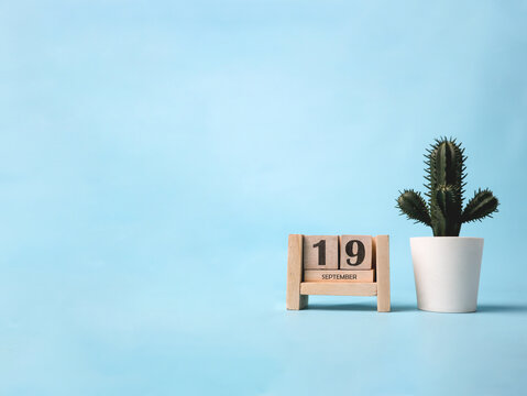 A wooden block calendar for September 19th with a plastic cactus plant on the side on a light blue background.