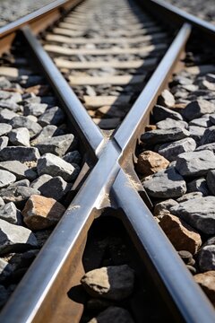 Precision Rail Switch Junction with Aligned Steel Tracks and Fresh Ballast