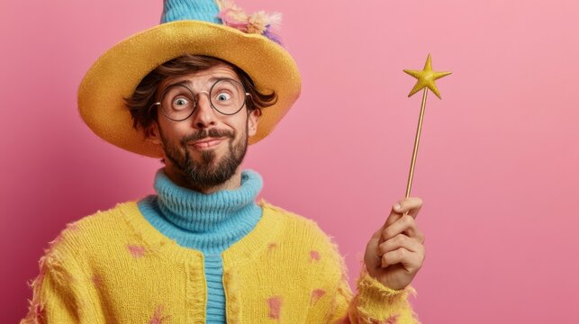 Funny bearded man with magic wand wearing yellow hat and sweater against pink background