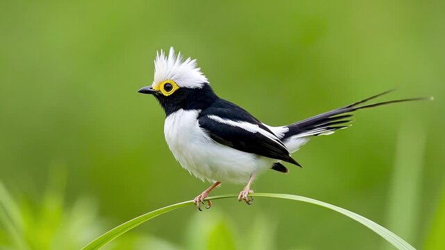 White-crested Helmetshrike bird with black and white plumage perched on a green leaf in nature.