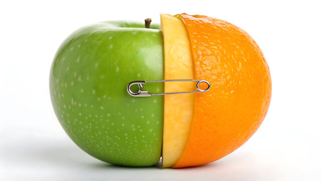 Half green apple and orange joined together on white background for fresh food concept