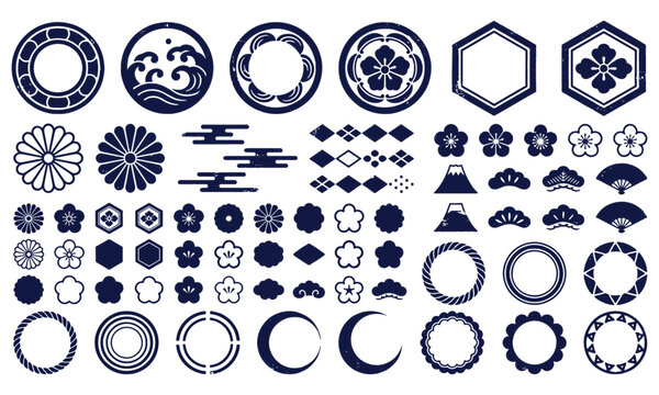 Collection of japanese style traditional circular motifs and patterns with japanese traditional patterns elements oriental ornamental collection decorative abstract minimalist