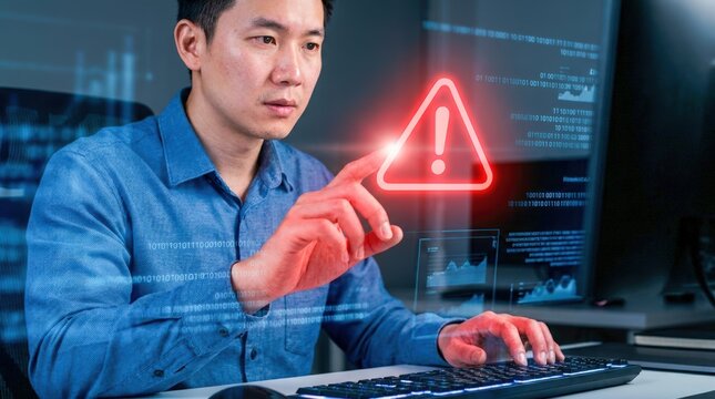 Asian man working on computer with digital warning sign overlay.