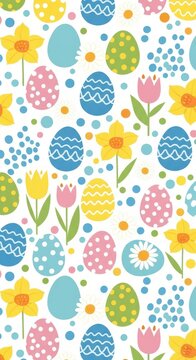 Colorful Easter Eggs and Spring Flowers Pattern Design.