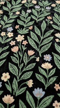 A dense pattern of stylized foliage featuring varied leaves and small blossoms, creating an elegant natural textile design, perfect for bohemian or vintage decor applications