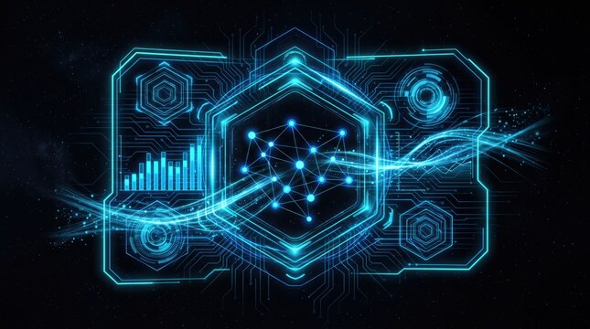 Futuristic digital interface with glowing holographic network, data visualization and cyber technology elements on dark, representing AI, big data analytics