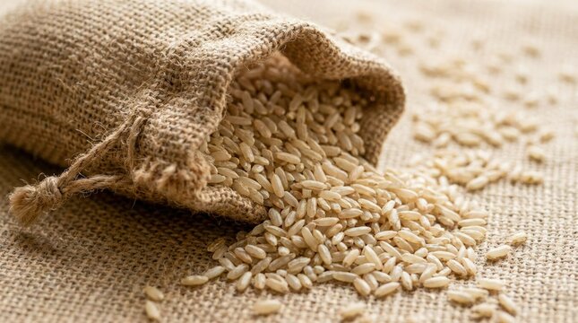 Burlap sack spilling golden wheat grains on textured surface.
