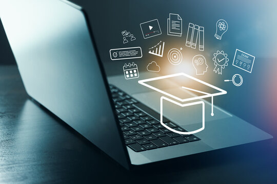 E learning with a laptop and digital icons representing education in a study space