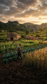 Golden hour light illuminates rolling hills and vast open fields during early morning farm work, suggesting growth, harvest, and rural life, peaceful natural scenery