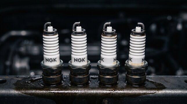 Close-up of four NGK spark plugs arranged in a row, showing their condition and branding, likely in an engine bay. Essential car engine ignition components.