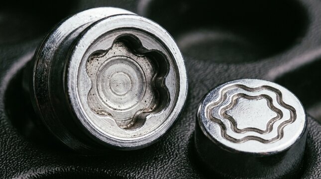 Macro shot revealing the intricate design of two metallic car wheel lock nuts, highlighting their anti-theft security features against a dark background.