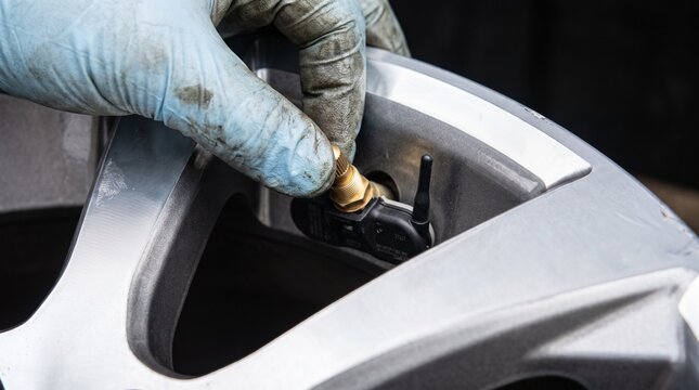 Close-up of a mechanic's gloved hand installing a new Tire Pressure Monitoring System (TPMS) sensor on an alloy car wheel, highlighting automotive maintenance and tire safety.
