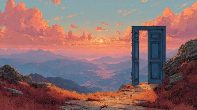 Open blue door on a mountain cliff overlooking a misty valley during sunset in retro pixel art style