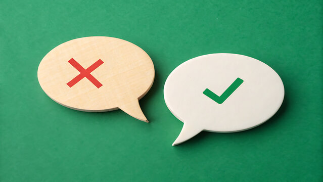 Speech bubbles with red cross and green check mark symbols for approval or rejection concept