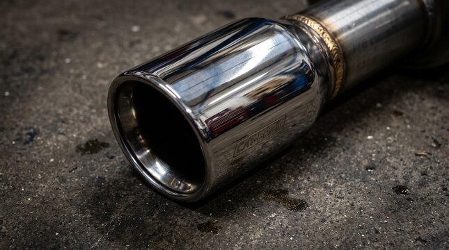 A gleaming chrome Cat-Back exhaust tip, likely for a performance vehicle, showcasing its polished finish and quality weld on a gritty surface. Perfect for automotive enthusiasts.