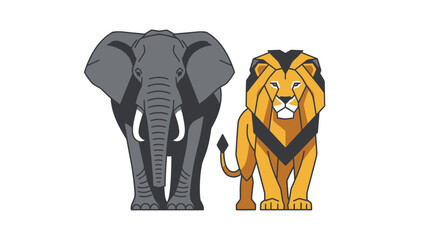 Obraz premium African Elephant and Lion Vector Illustration Isolated on White Background Wild Animals Geometric Flat Design
