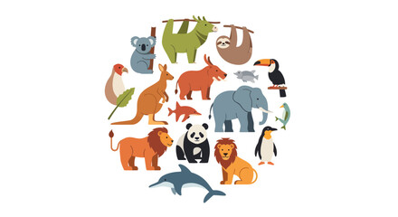 Obraz premium Global Animals Biodiversity Circle Vector Illustration Elephant Lion Panda Kangaroo Sloth Dolphin Isolated on White