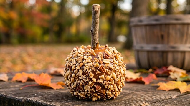 A fall scene featuring a nut-covered caramel treat.