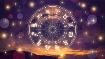 Astrology zodiac signs chart with starry background at sunset