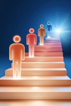 Glowing human icons ascending staircase toward bright light symbolizing growth and career advancement