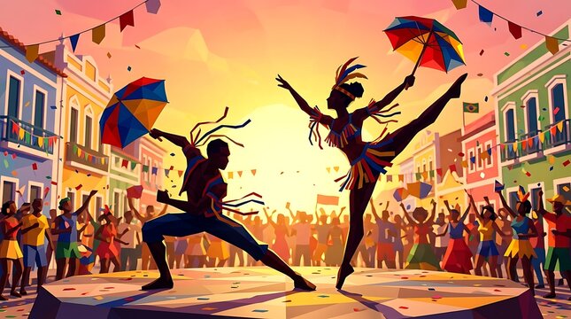 Energetic frevo dancers performing at a brazilian carnival festival