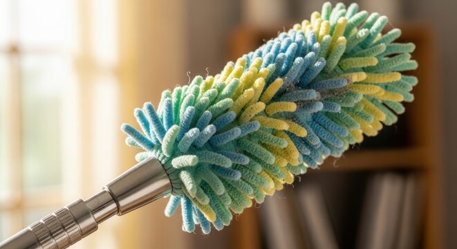 Colorful feather duster cleaning tool on metal handle.