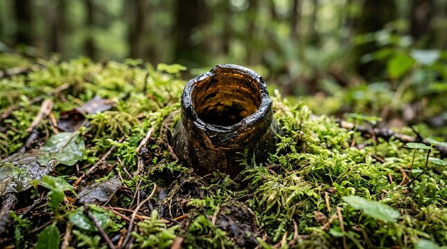 A rusted, weathered object half-buried and overtaken by lush green moss in a forest setting.