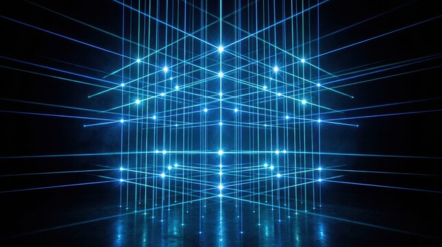 Futuristic blue laser grid network beams in dark studio for high-tech digital display