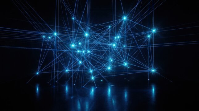 Dynamic blue laser beams intersecting in geometric starburst pattern on reflective dark surface
