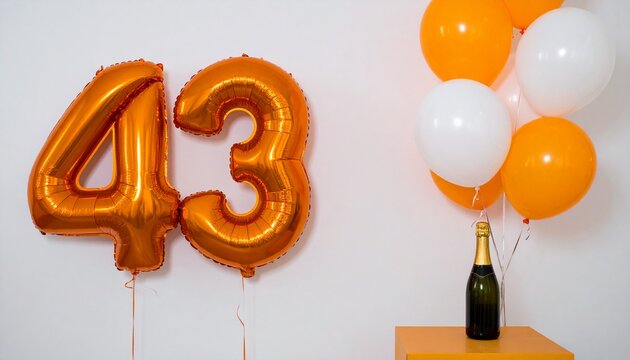 Number 43 Balloon with Champagne Bottle. Orange and White Theme for Birthday or Anniversary Celebration