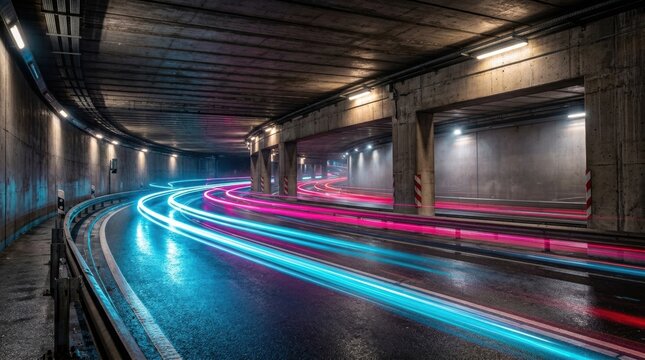 Long exposure light trails of speeding cars in urban underground tunnel at night