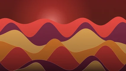 Fotobehang Bordeaux Abstract red and orange mountain landscape with layered wavy hills and glowing sunset horizon  © DreamStock