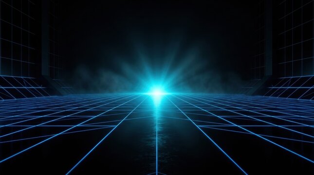 Futuristic neon grid with central light beam for high-tech stage or digital background