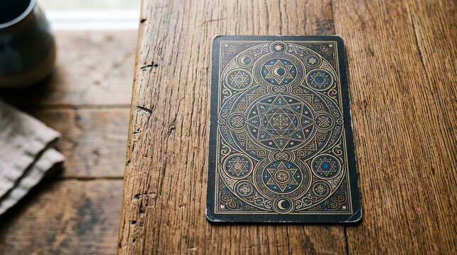 A mystical tarot card resting on a rustic wooden surface.