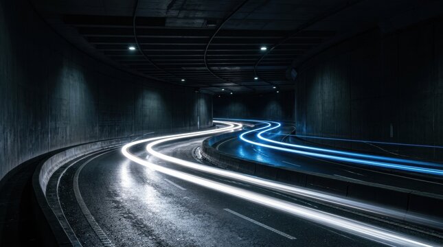 Dynamic car light trails on dark urban highway showcasing speed and motion blur at night