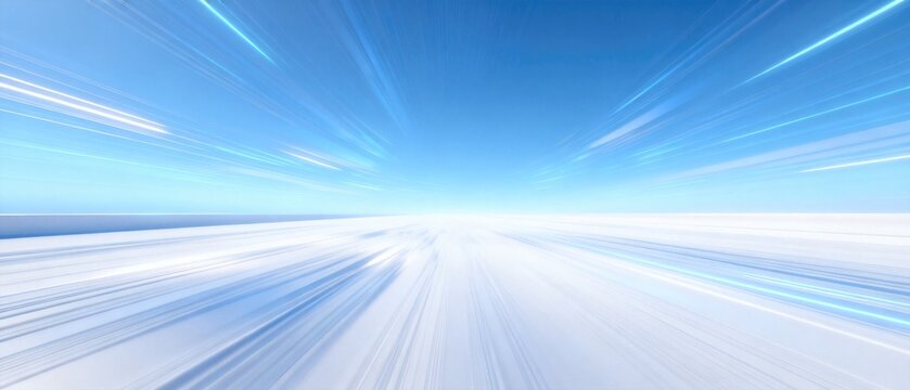 Futuristic blue and white light trails rushing toward a bright horizon with dynamic motion and speed effect, idea for digital technology, data network and innovation banner