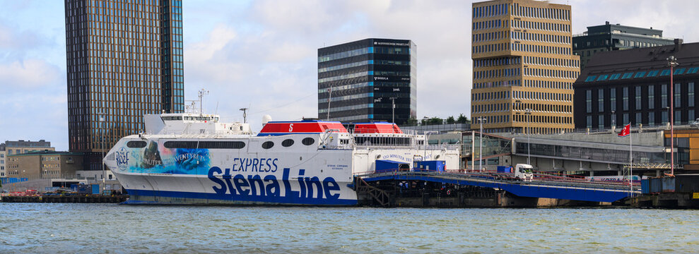 Gothenburg, Sweden - May 30 2026: Stena Line ferry docked at urban waterfront terminal.