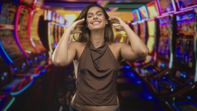 Woman covering hands over face amid slot machines inside a building casino row; winning celebration joy.