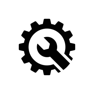 A clear technical icon featuring a robust mechanical gear and an adjustable wrench symbol for system settings and maintenance and service needs