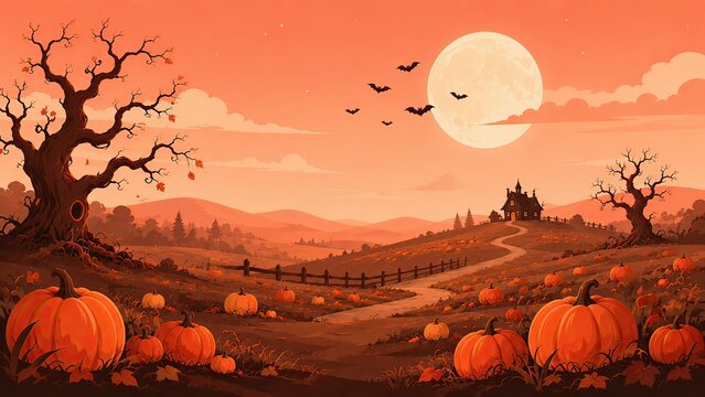 Spooky halloween landscape featuring a pumpkin patch with a haunted house silhouette under a full moon and flying bats