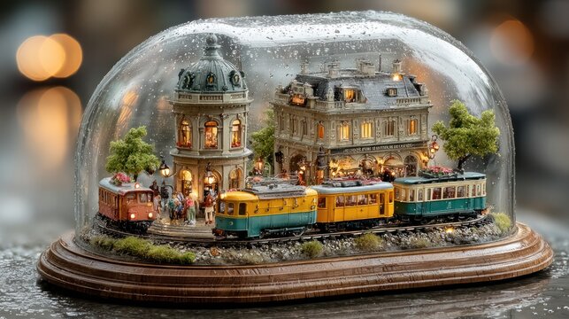 Miniature cityscape inside a snow globe, with illuminated buildings and toy trams on rails