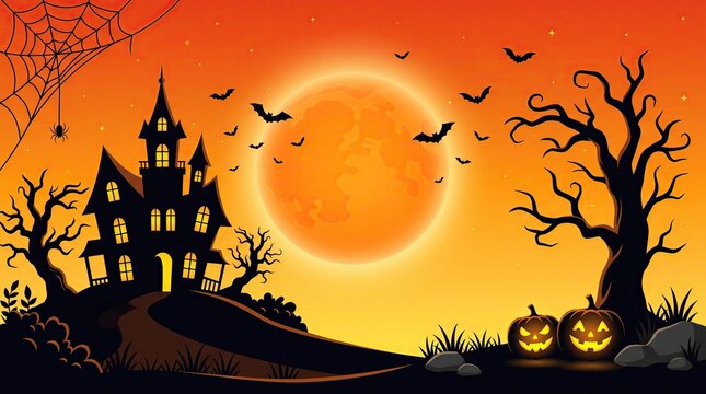 Spooky haunted house silhouette with glowing pumpkins and flying bats against a large full moon orange sunset background