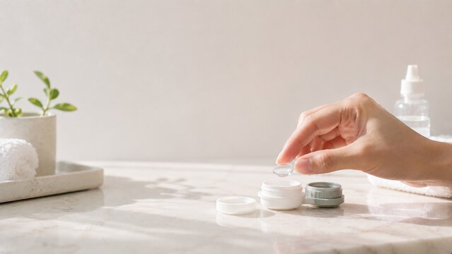 Hand Holding Softlens Contact Lens Above Storage Lens Case