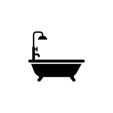 Minimalist black silhouette icon of a classic bathtub with an integrated shower and faucet for modern design