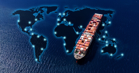 Aerial top view containers ship cargo business commercial logistic and transportation international import export by container freight cargo ship in the open seaport show ocean network on map © APchanel