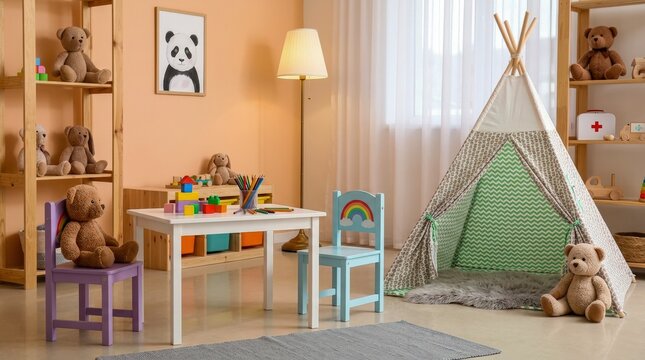 Cozy childrens playroom with teepee and teddy bears.