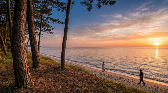 Couple walking on beach at sunset with pine trees in foreground.
