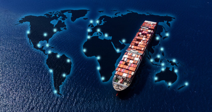 Aerial top view containers ship cargo business commercial logistic and transportation international import export by container freight cargo ship in the open seaport show ocean network on map