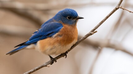 Fototapeta premium The Bluebird Perched on a Branch in Natural Woodland Light