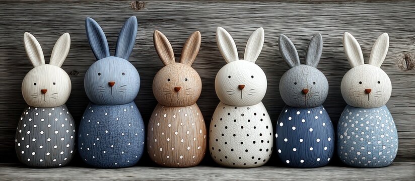 Six wooden bunny figurines in pastel shades and polka-dotted dresses are arranged on a wooden surface